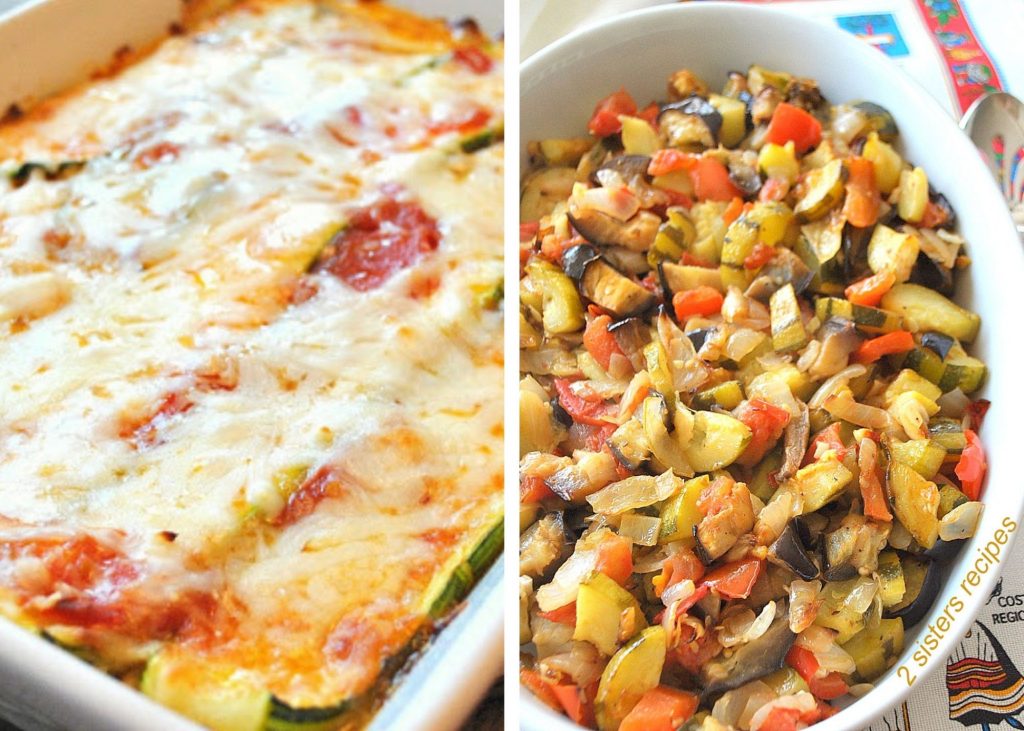 A photo of zucchini lasagna and the other of ratatouille. by 2sistersrecipes.com 