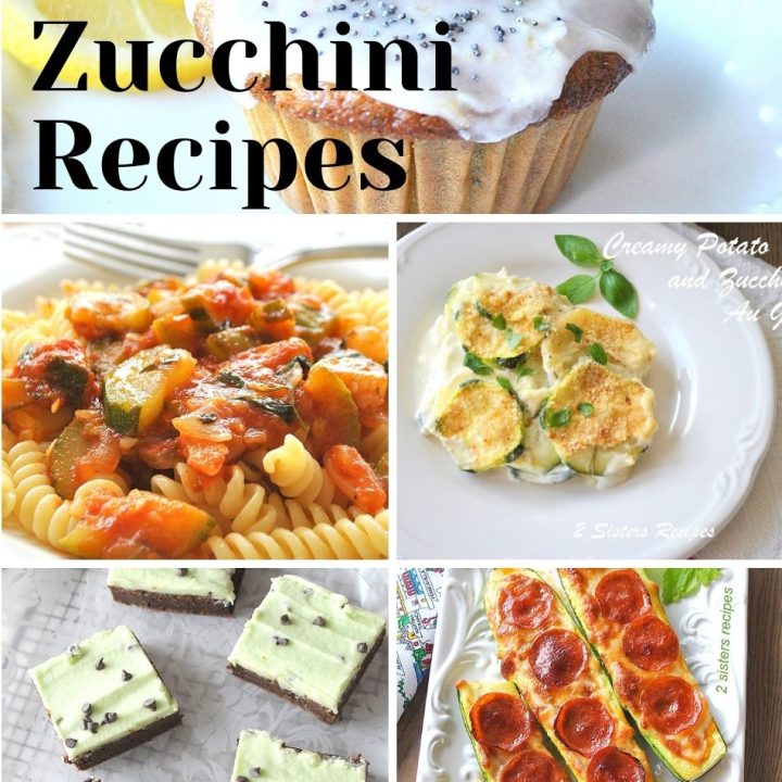 Five different recipes for zucchini on white plates.