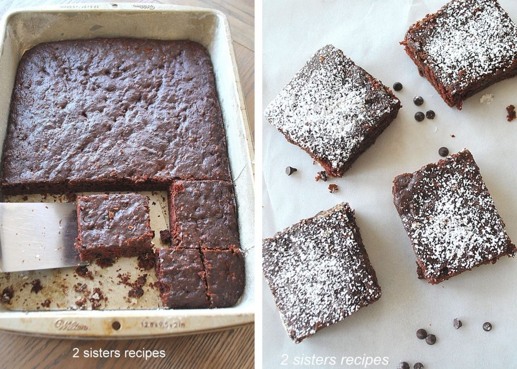 A baking sheet pan with brownies cut into pieces and square shapes.