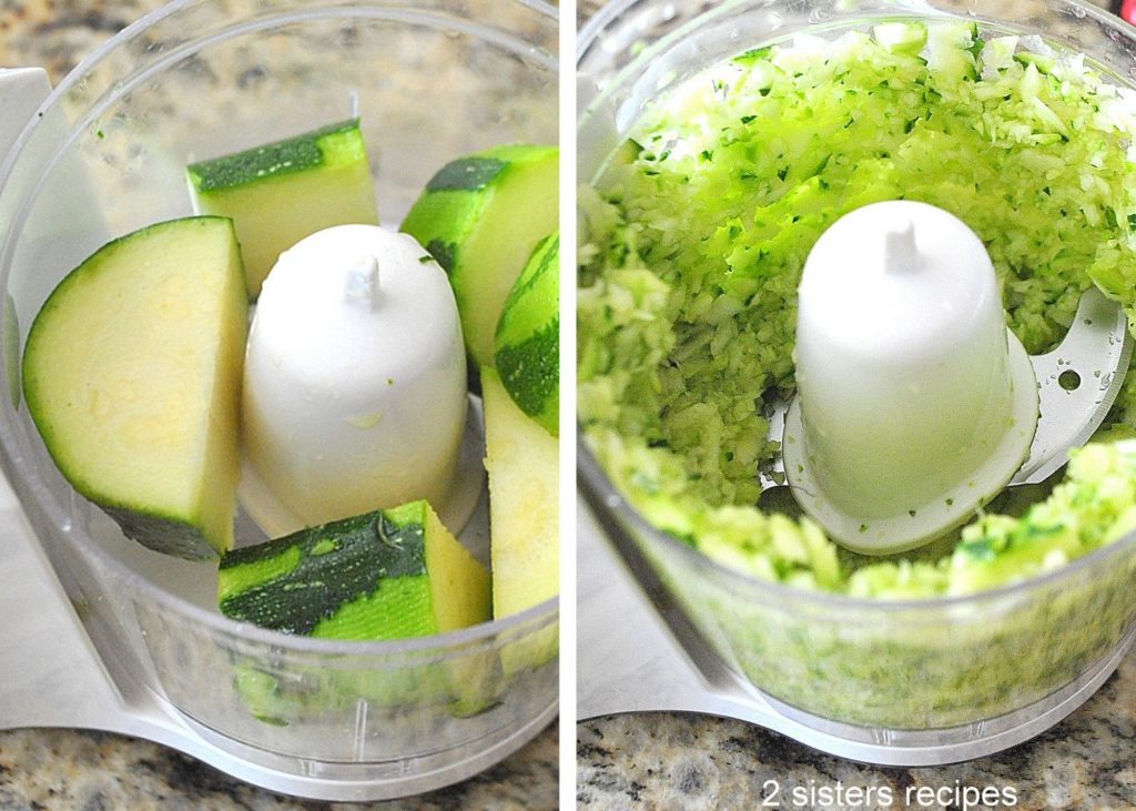 2 photos with a mini chopper with zucchini, and the other with minced zucchini. by 2sistersrecipes.com