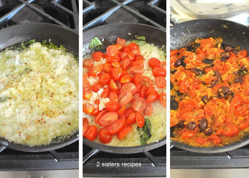 3 steps to the sauce in a skillet for baked swordfish livornese. by 2sistersrecipes.com