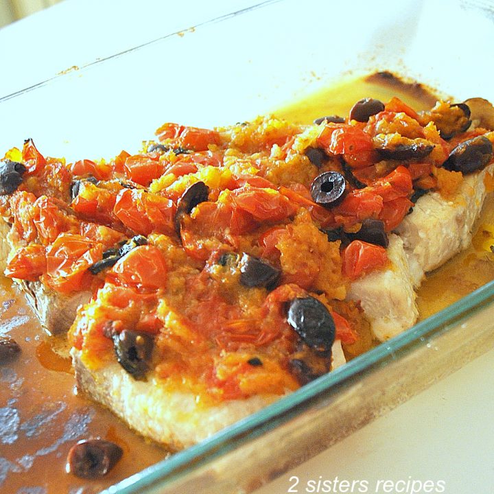 Closeup photo of baked swordfsh. by 2sistersrecipes.com