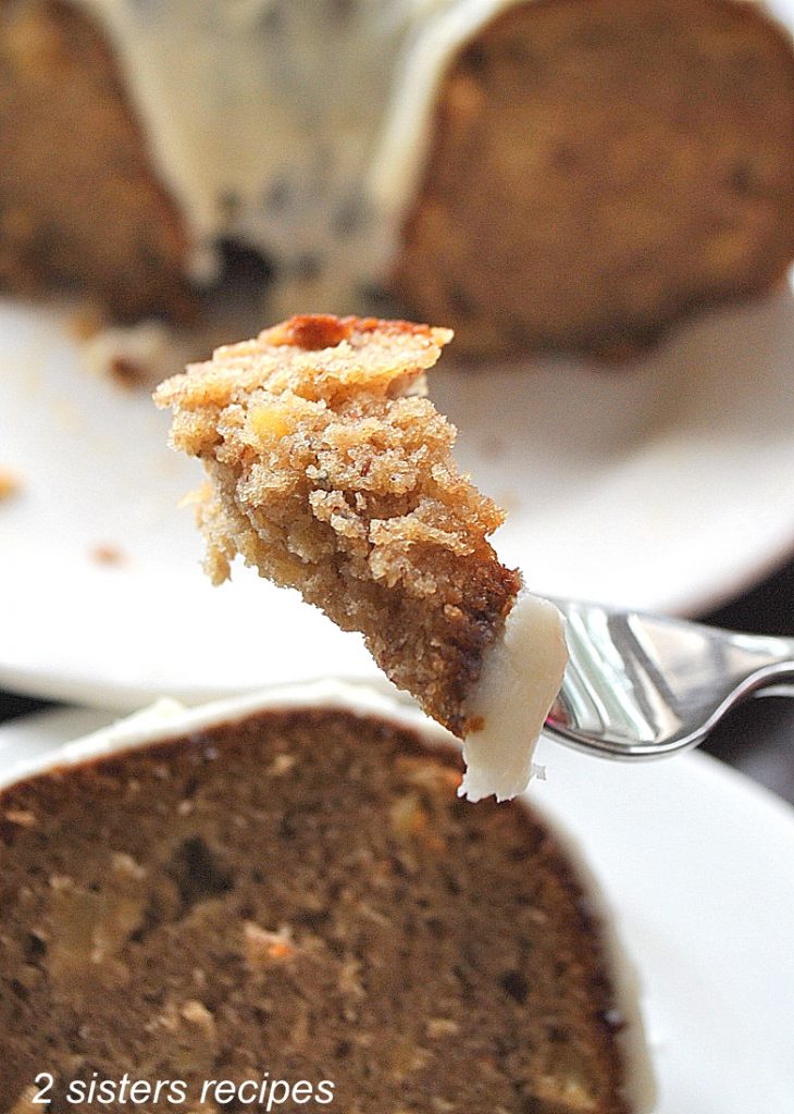 A forkful of spice cake.  by 2sistersrecipes.com