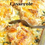A spoon inside a baked rice and chicken casserole .