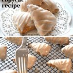 Mini pumpkin scones are served on a white lace paper liner and a fork drizzling glaze over each scone on a wire rack.