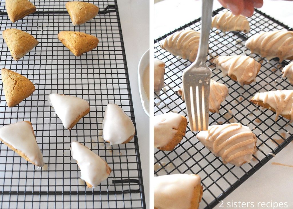 drizzling the glaze over the scones. by 2sistersrecipes.com