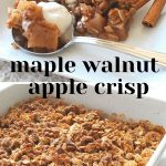 A plate with a serving of apple crisp topped with vanilla ice cream. and a baking pan with the apple crisp fully baked.