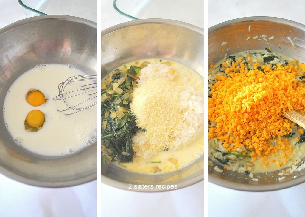Steps for the rice and mixture in a silver bowl. by 2sistersrecipes.com 