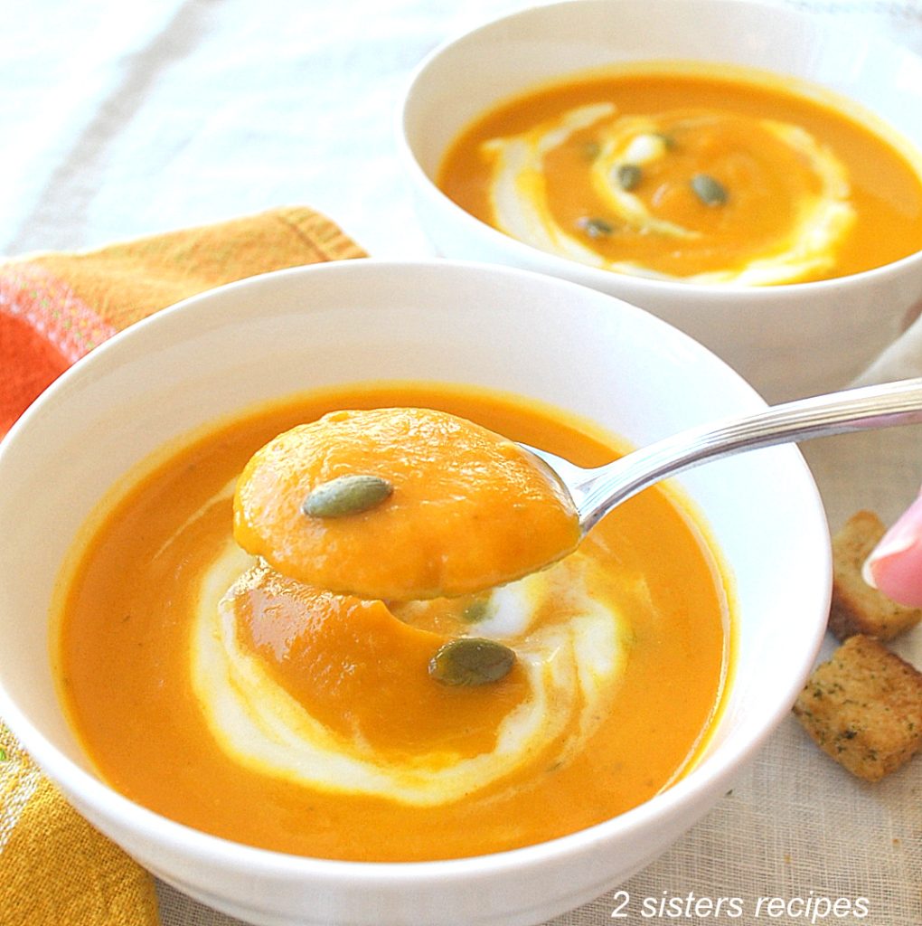A spoonful of squash soup. by 2sistersrecipes.com