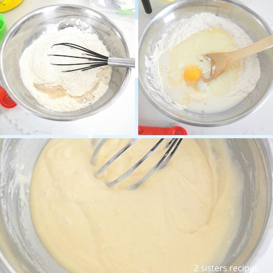 A large mixing bowl whisk the flour  and eggs into the batter. 