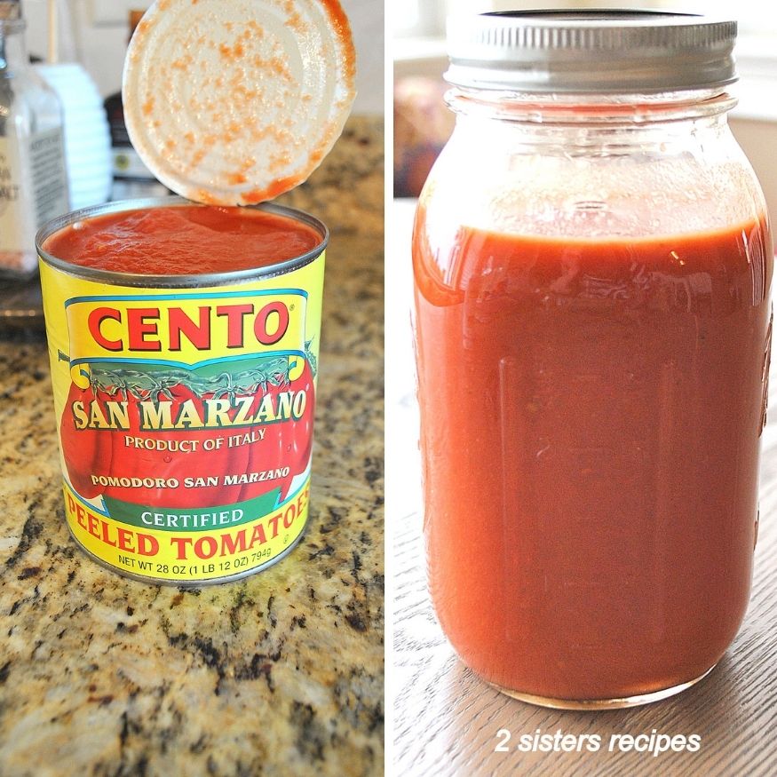 Photo of the canned tomatoes, and one photo of marinara sauce in jar. by 2sistersrecipes.com