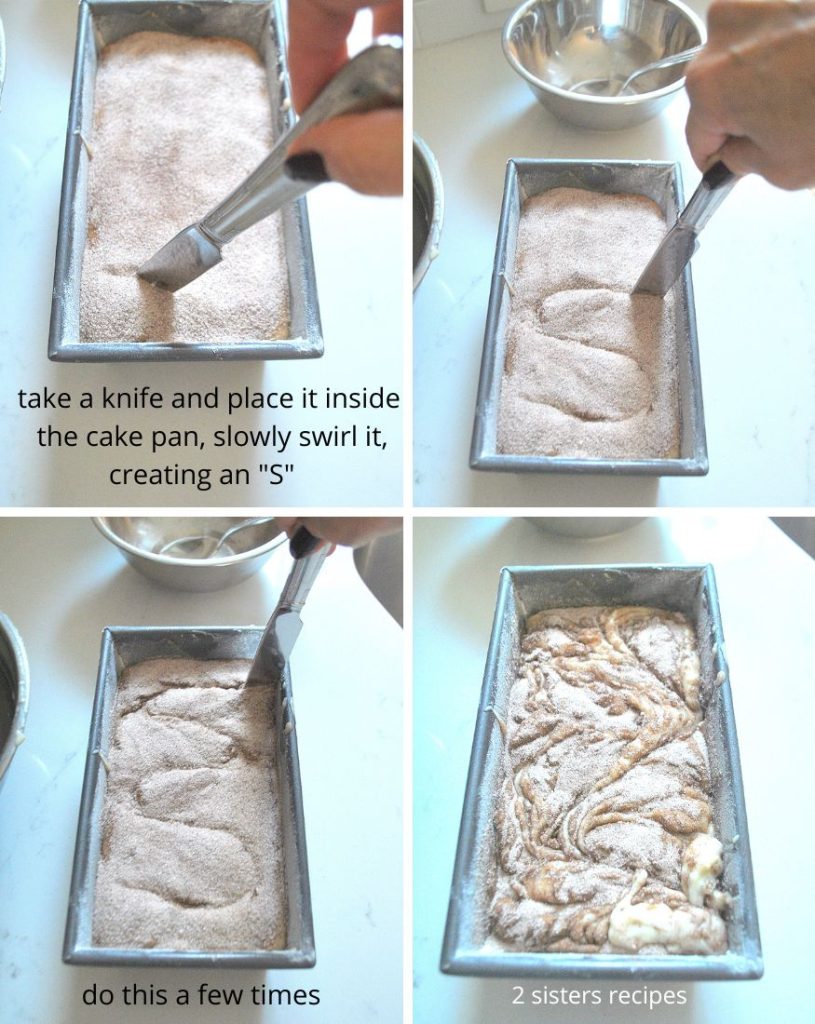 Photos showing a knife and swirling it inside the bread pan. by 2sistersrecipes.com