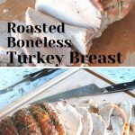 A boneless turkey breast is carved on a wooden cutting board.