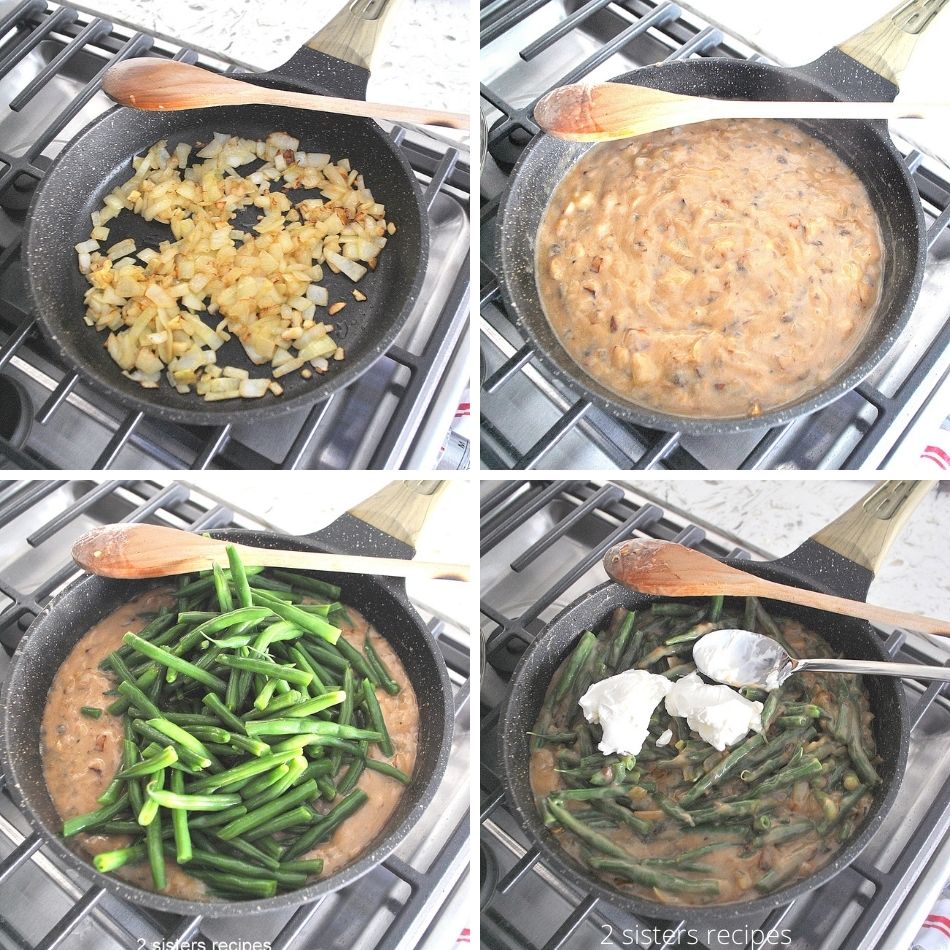 In a black skillet, on stove top with steps to making the mushroom sauce and green beans mixture. by 2sistersrecipes.com
