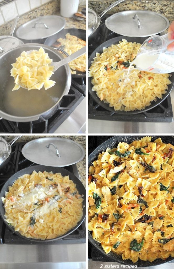 4 photos of steps to adding the farfalle pasta to the skillet. by 2sistersrecipes.com