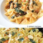 A white plate filled with cooked bowtie pasta, spinach, and strips of chicken in a cream sauce.