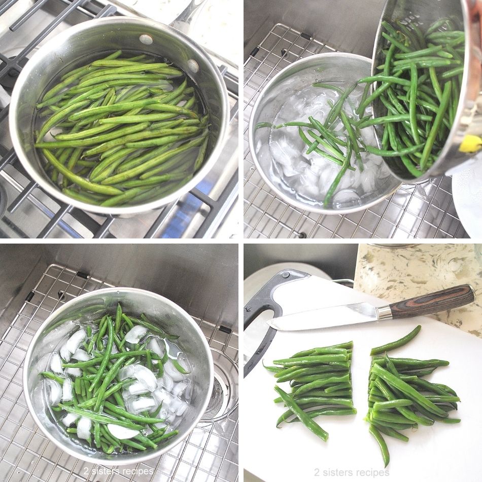 Blanching green beans, tossing into ice water, then cut into halves. by 2sistersrecipes.com 
