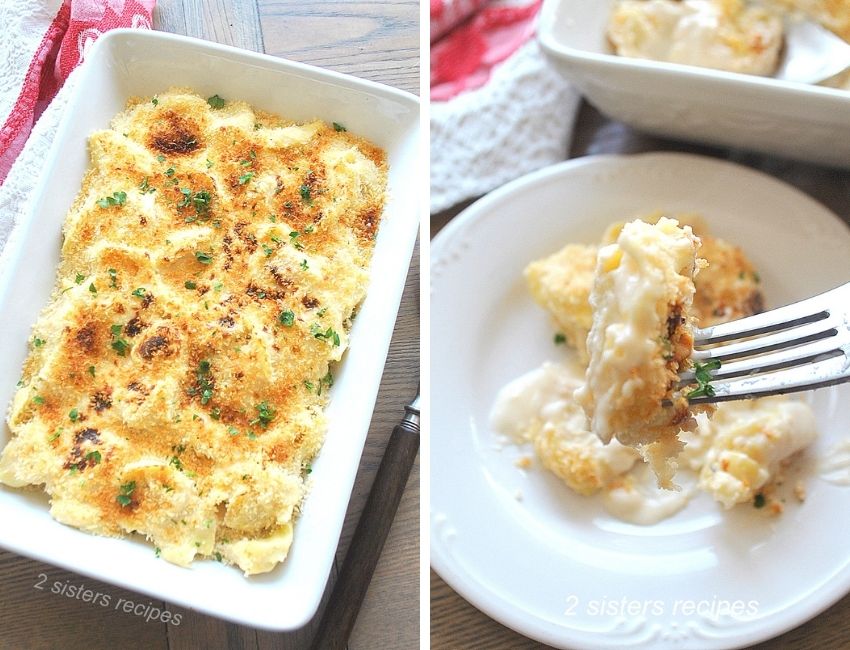 Two photos of the mac and cheese. by 2sistersrecipes.com