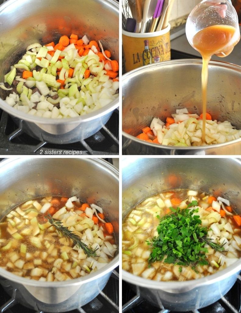 A large soup pot with raw vegetables, beef broth pouring into it and fresh chopped herb. 