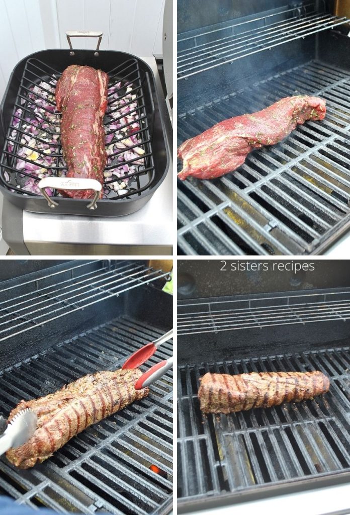 Searing the beef tenderloin on the outside grill. by 2sistersrecipes.com