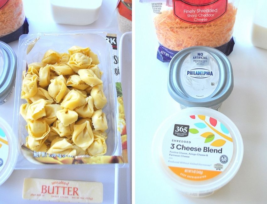 Two photos of ingredients for cheese and tortellini in a container. by 2sistersrecipes.com