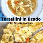 A white bowl with tortellini and carrots in a soup and a pot filled with soup.
