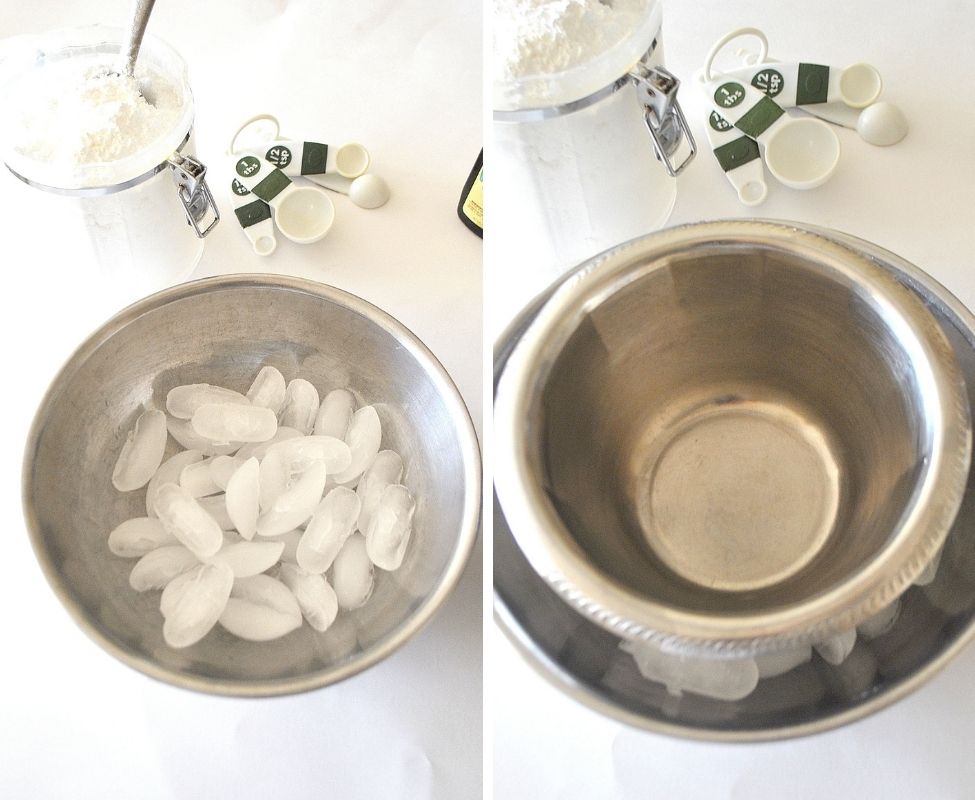 Two stainless steel bowls one filled with some ice. by 2sistersrecipes.com