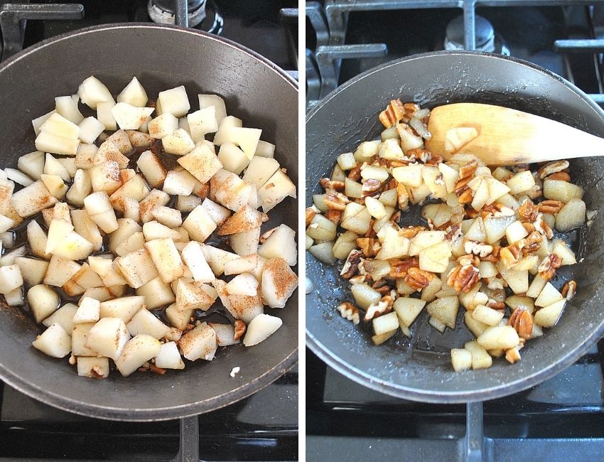 Skillet with chopped pears cooking on stovetop. by 2sistersrecipes.com