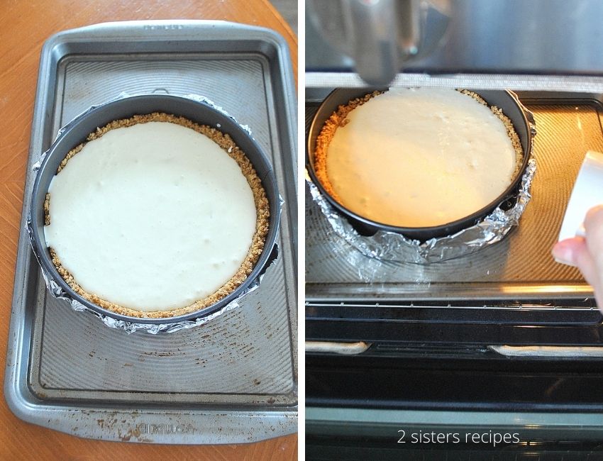 Cheesecake in a roasting pan, and into the oven. by 2sistersercipes.com