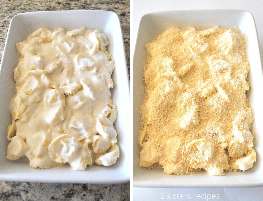 In a white baking dish the cheese sauce is mixed with tortellini, and then topped with breadcrumbs. by 2sistersrecipes.com 