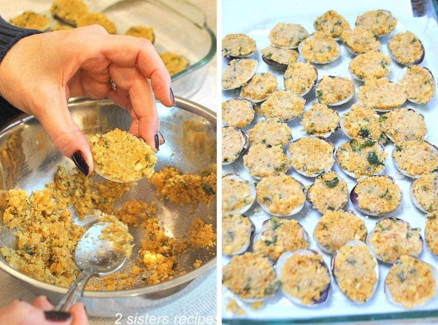Stuffing clams with bread crumb mixture and placing into baking dish. by 2sistersrecipes.com