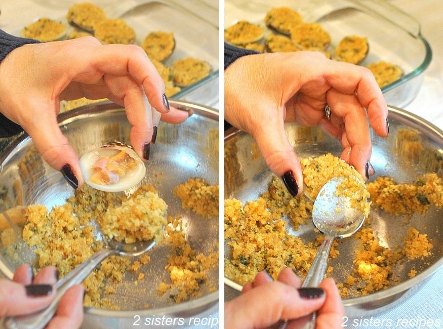 stuffing the clams, one at a time. by 2sistersrecipes.com