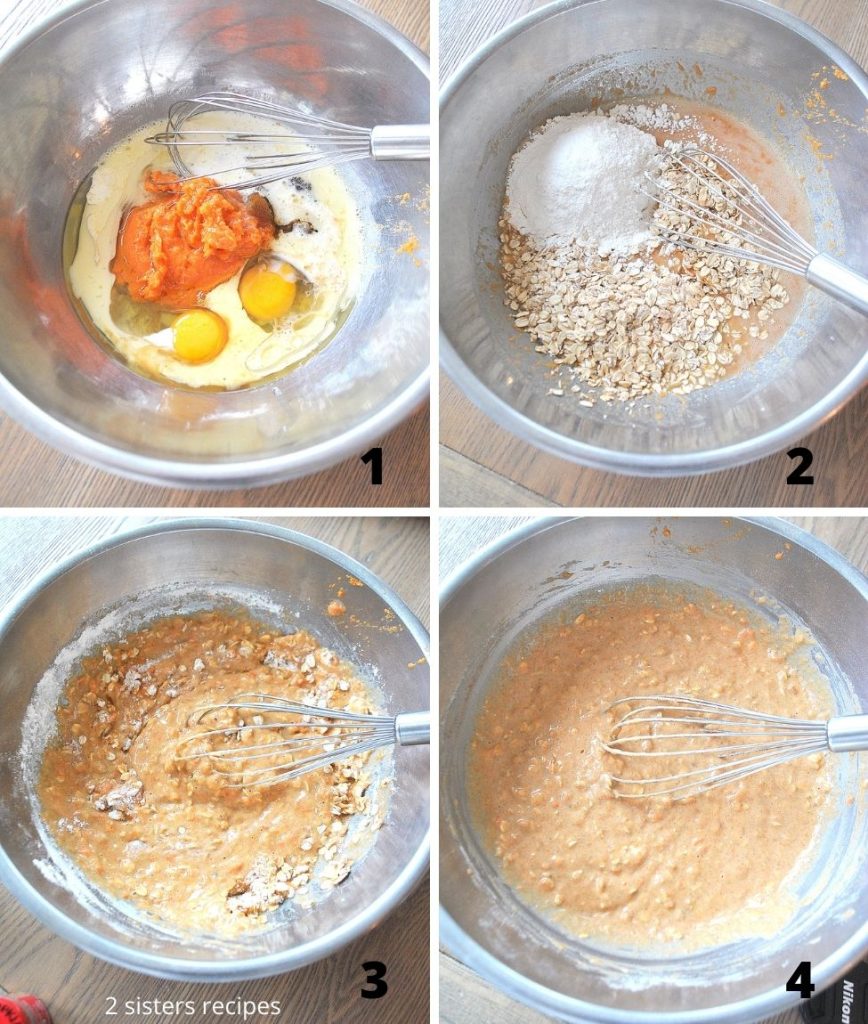Four steps whisking all the ingredients in a silver bowl. by 2sistersrecipes.com