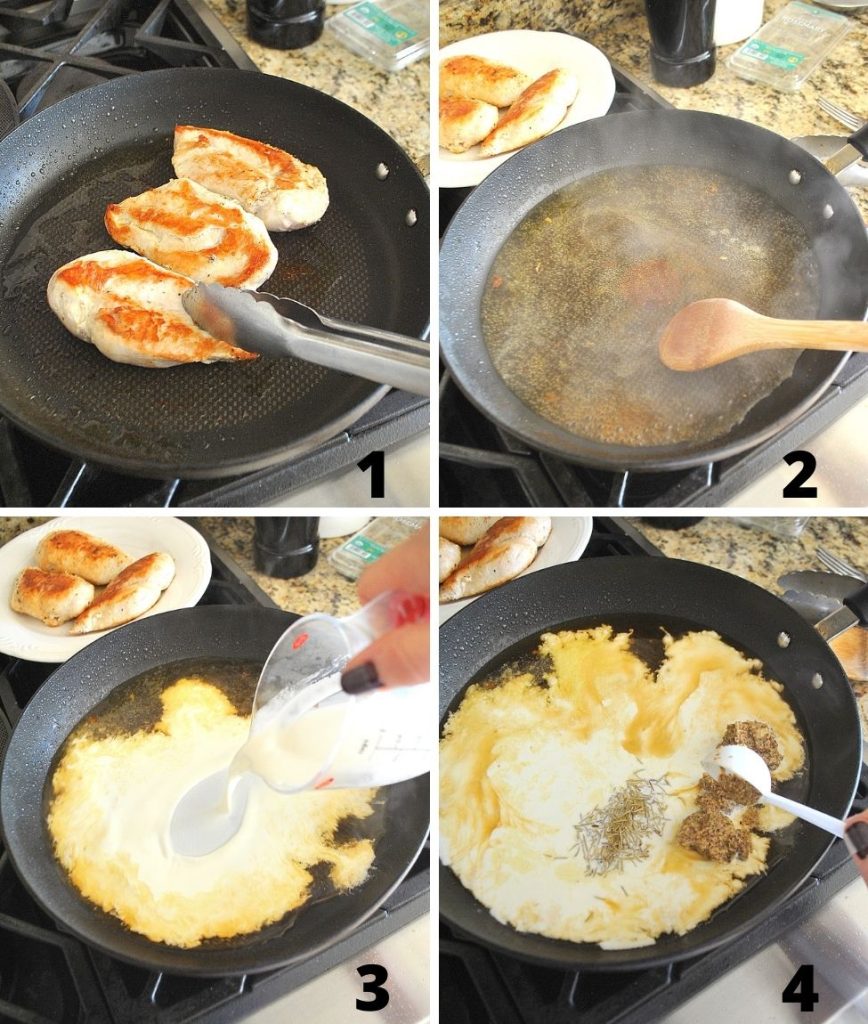 Showing 4-steps of cooking in a black skillet. by 2sistersrecipes.com