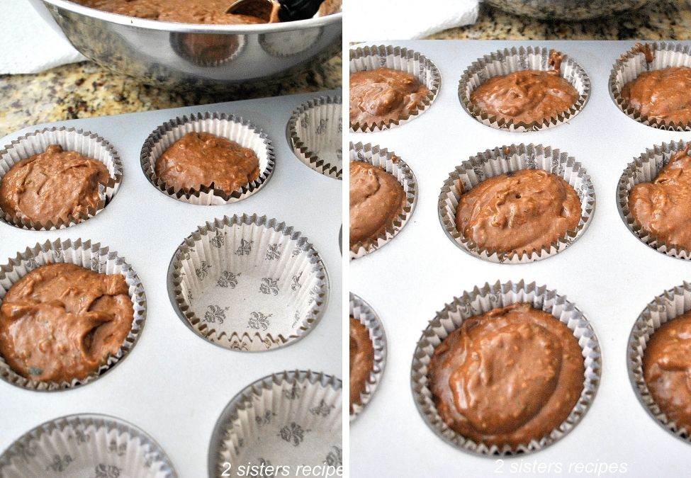 A muffin pan filled with the chocolate mixture. by 2sistersrecipes.com