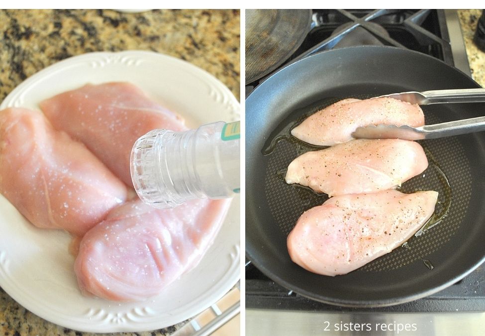 Seasoning the chicken breasts with salt and pepper. Transfering to a skillet. by 2sistersrecipes.com