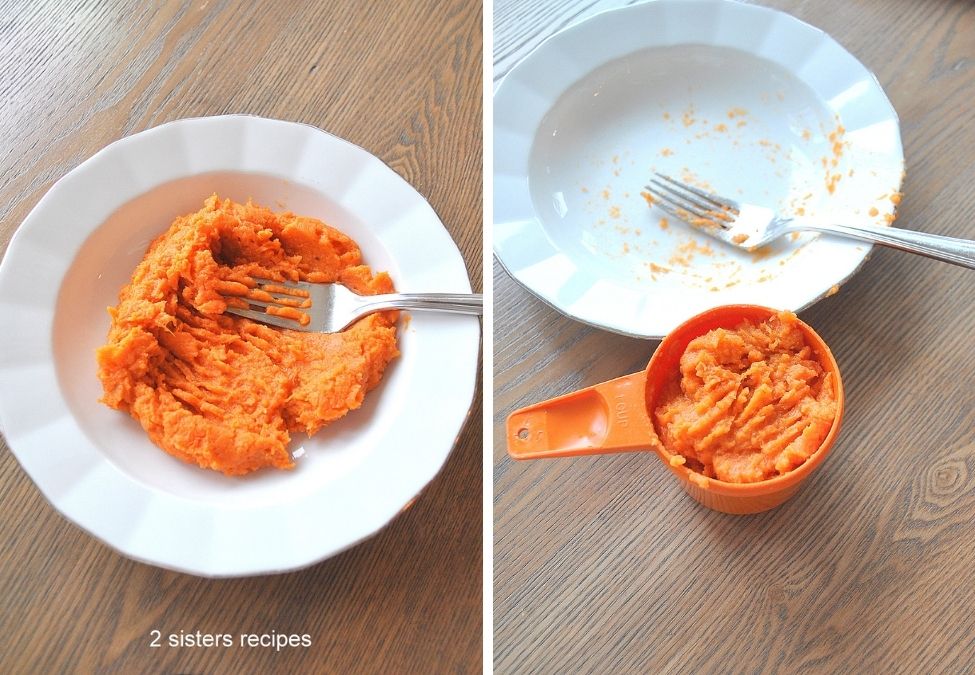 Sweet potato is mashed in a white plate. by 2sistersrecipes.com
