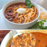 A white bowl filled with beef chili and a ladle filled with chili.