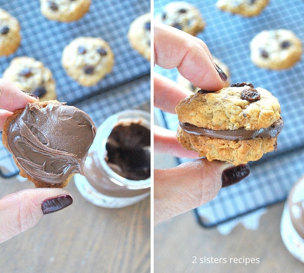 One cookie with chocolate filling and the other is closed with a second cookie. by 2sistersrecipes.com