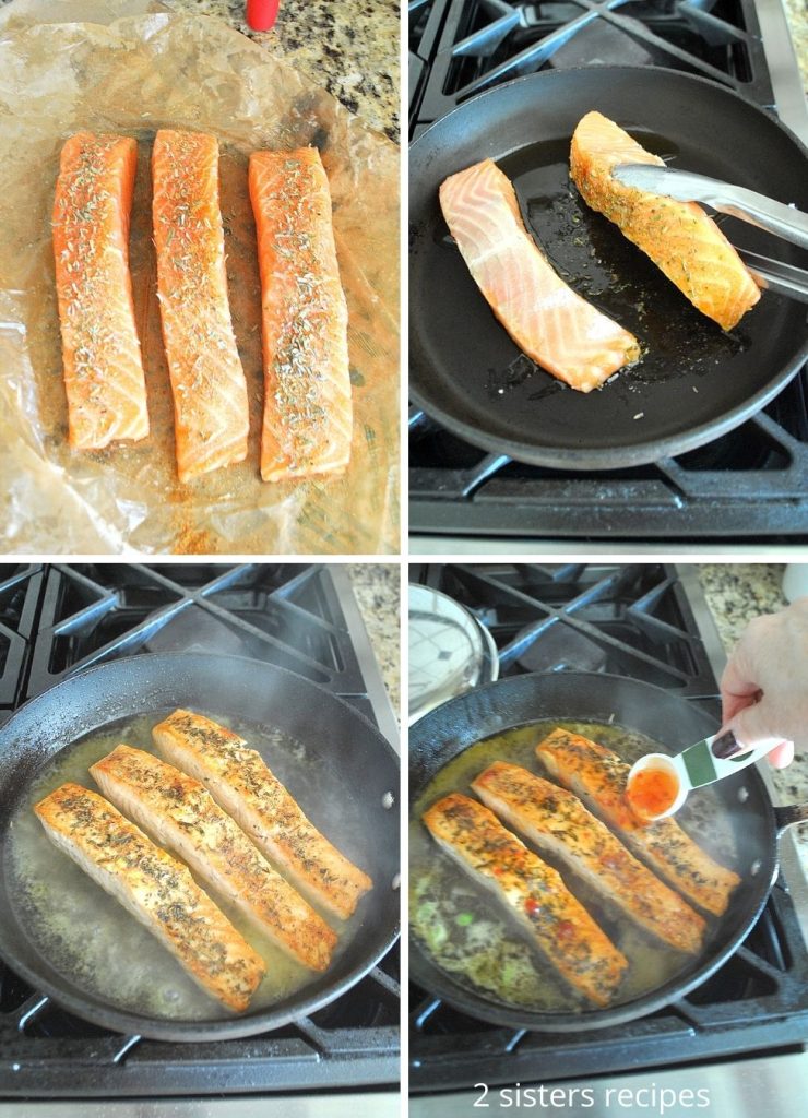 steps to pan-sear salmon in a skillet. by 2sistersrecipes.com