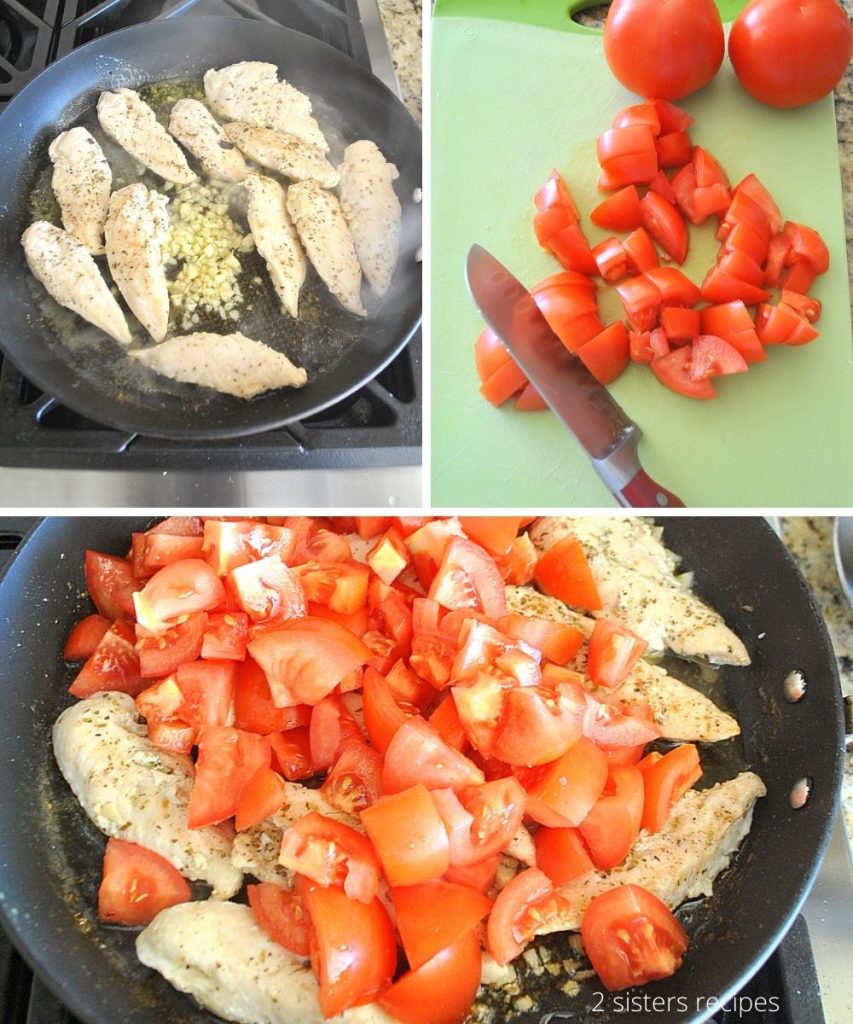 3 photos of chicken tenders in the skillet, alone with chopped tomatoes on top.  by 2sistersrecipes.com 