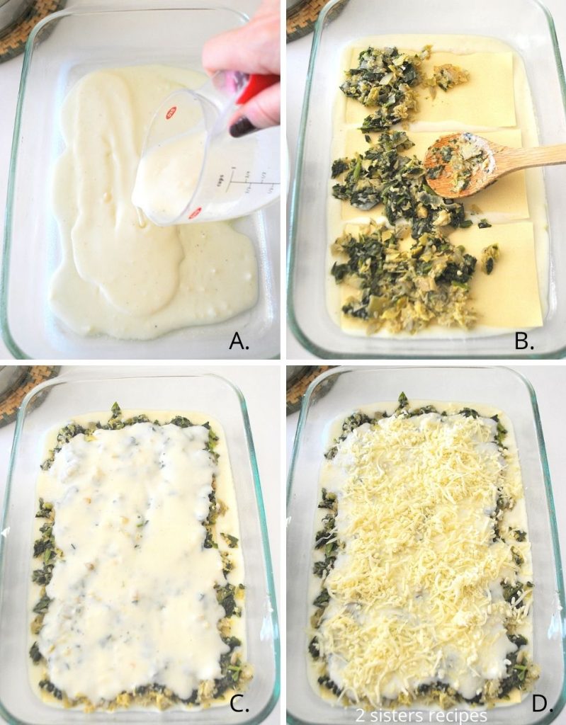 4 steps to assemble the 1st half of lasagna. by 2sistersrecipes.com