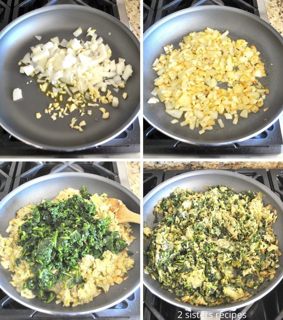4 photos of sauting veggies in a large skillet. by 2sistersrecipes.com 