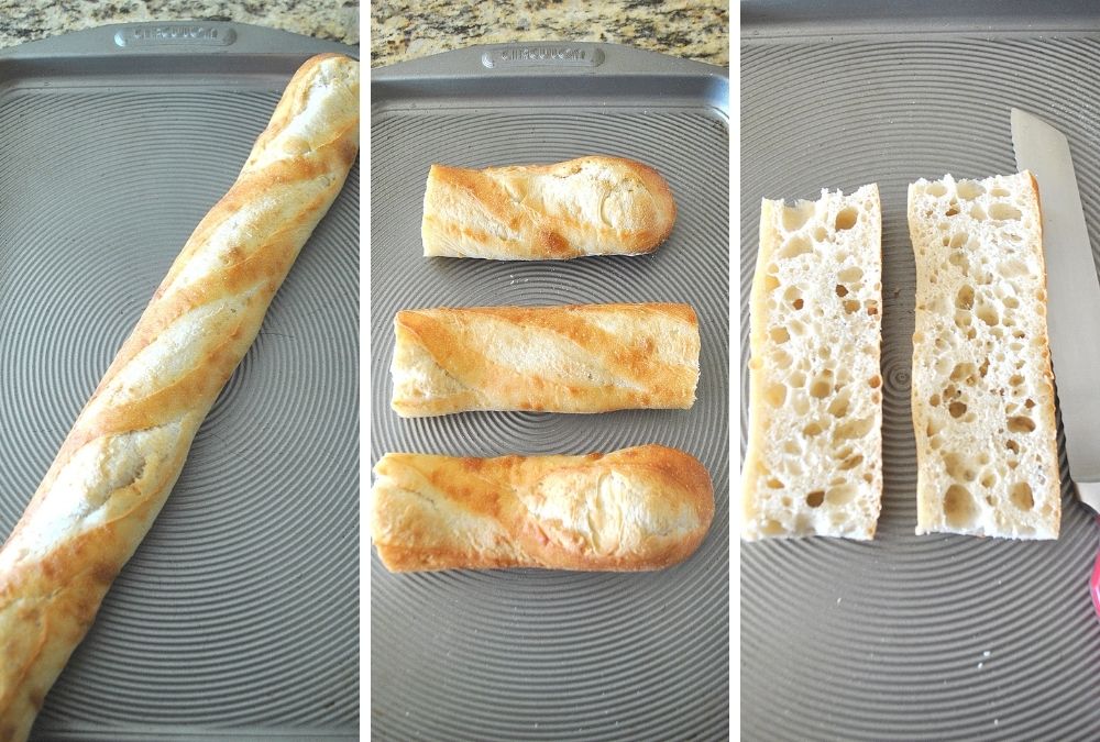 Loaf of bread, cut into thirds, then cut in half,lenthwise. by 2sistersreciipes.com