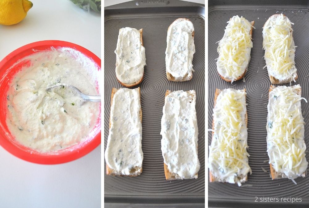 Creamy ricotta mixture in a red bowl, then spread onto each bread, then shredded mozzarella on top. by 2sistersrecipes.com