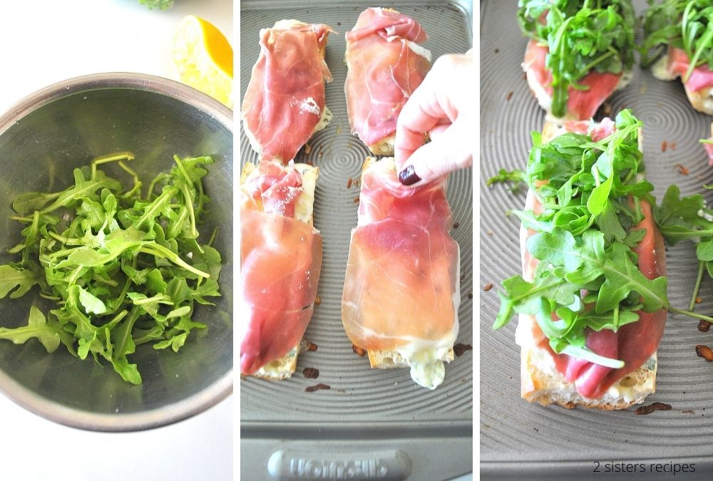 Arugula salad in silver bowl,  prosciutto  and augula on top each bread pizza. by 2sistersrecipes.com