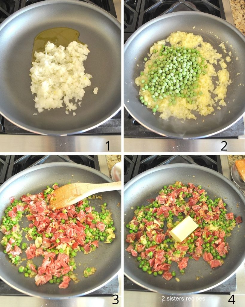 4 photos of steps cooking the ingredients in a gray skillet. by 2sistersrecipes.com