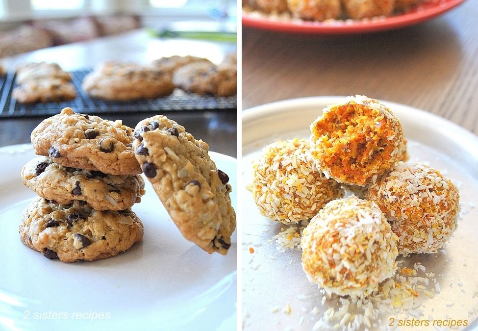 Chocolate chip cookies on a white plate, and coconut covered carrot cake balls on a silver plate. 