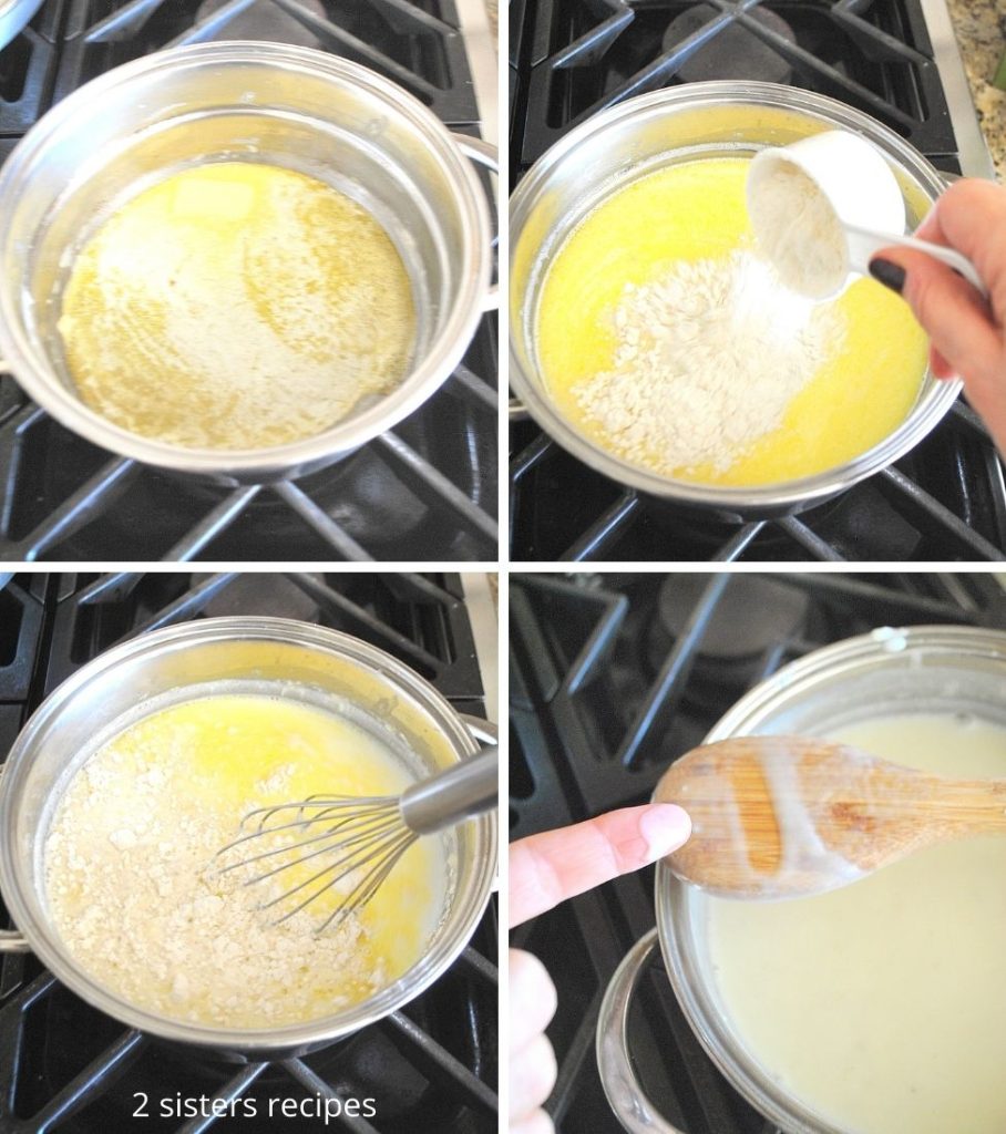 Cooking the white cream sauce in a saucepot. by 2sistersrecipes.com
