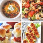 One bowl with chili, chicken kabobs, mini meatball sides and pepperoni pizza zucchini boats. Ideas for dishes for Super Bowl Recipes.